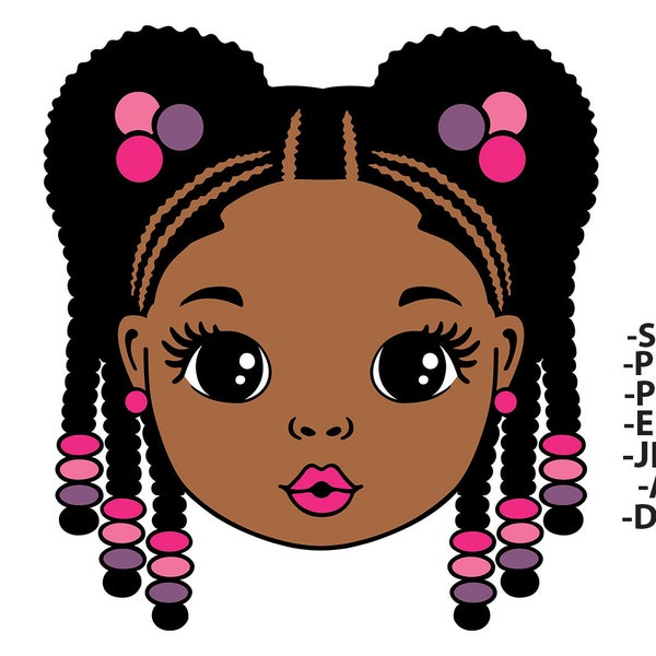 Black Girl Svg, Braid Hair Clipart, Cornrows Hairstyle, Fashion Girl Clipart, Conrow Wig, Afro Girl Svg, Pink lips, 5X Png different colors