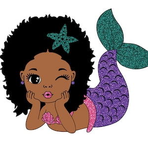 Sirena Afro Svg, Sirena Negra Svg, Puffs de pelo, Negro Mujer Clipart, Afro Woman Svg, Glamour Female