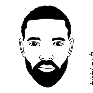 May include: Black and white line art illustration of a man's face with a beard. The man has a short haircut and a serious expression.