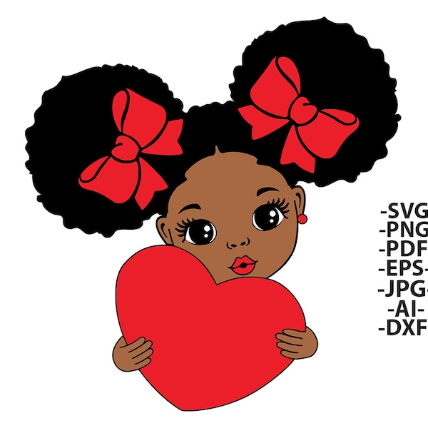 Afro Valentine SVG, Black Girl Holding Heart, Puff Hair (Digital Files)
