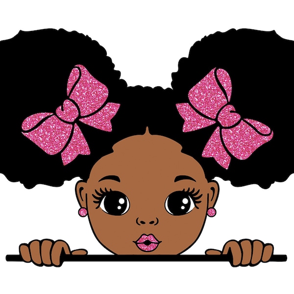 Peekaboo Girl Svg, Afro Girl Svg, Svg Black Girl, Lèvres roses, Mignon petit enfant, 4 PNG Glitter, Svg Cut Files