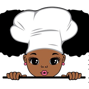 May include: A cartoon illustration of a young girl with dark brown skin and curly black hair wearing a white chef's hat. She is peeking over a counter with a playful expression on her face.