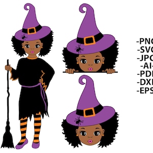 May include: A digital illustration set featuring a character with dark skin and curly black hair wearing a purple witch hat with a black spider and orange buckle. The character wears a black dress, orange and black striped leggings, and purple shoes, holding a black broom. Text includes PNG, SVG, JPG, AI, PDF, DXF, and EPS.
