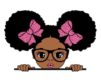 May include: A cartoon illustration of a young Black girl with large, curly afro puffs, wearing pink glitter bows and glasses, peeking over a surface.