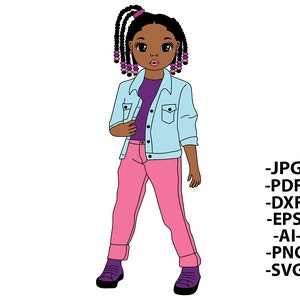May include: A digital illustration of a character with dark skin and braided hair featuring purple and black beads. The character wears a light blue denim jacket, a purple shirt, pink pants, and purple sneakers. Text includes JPG, PDF, DXF, EPS, AI, PNG, SVG.