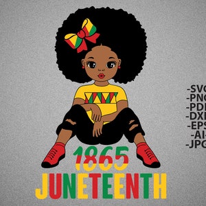 May include: A digital illustration of a Black girl with an afro wearing a yellow shirt with a red, green, and yellow pattern, black pants, and red shoes. The girl is sitting with her legs crossed. The text "1865 Juneteenth" is below the girl in red, green, and yellow letters.