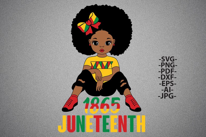 May include: A digital illustration of a Black girl with an afro wearing a yellow shirt with a red, green, and yellow pattern, black pants, and red shoes. The girl is sitting with her legs crossed. The text "1865 Juneteenth" is below the girl in red, green, and yellow letters.