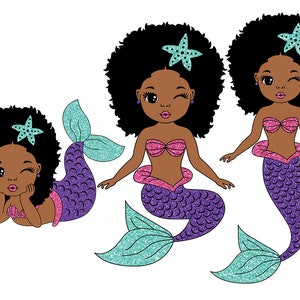 Paquete de sirenas svg, afro niñas svg, sirena negra svg, 12 brillo PNG, chica del océano, mujer negra clipart, mujer afro svg, glamour femenino