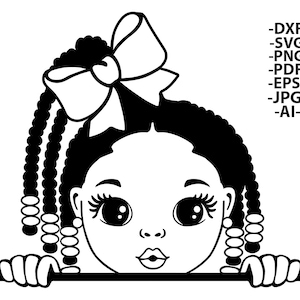 May include: Black and white illustration of a young girl with curly hair, a large bow, and long eyelashes. The girl is peeking over a horizontal line. Text on the right side lists file formats: DXF, SVG, PNG, PDF, EPS, JPG, and AI.