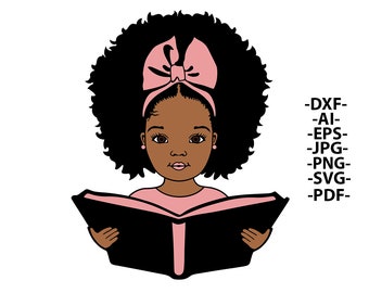 Girl Reading Svg, Afro Girl Svg, Book, Puff Hair, Black Girl Svg, Afro baby Girl Svg, Black Woman, African American, Svg Cut Files