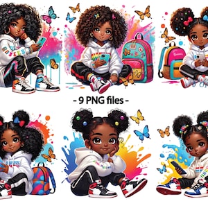 May include: A collection of nine PNG files featuring cartoon illustrations of young Black girls. Each girl is depicted in a white hoodie, black pants, and sneakers, holding a phone. Butterflies and colorful paint splatters surround them.