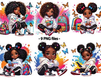 May include: A collection of nine PNG files featuring cartoon illustrations of young Black girls. Each girl is depicted in a white hoodie, black pants, and sneakers, holding a phone. Butterflies and colorful paint splatters surround them.