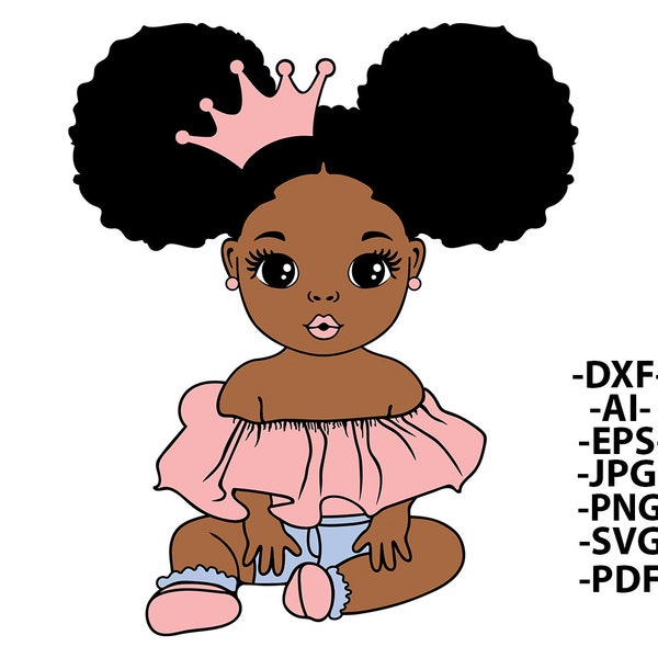 Bébé Princesse Svg, Afro Girl Svg, Fille avec couronne Svg, Hair Puffs, Femme noire, Chaussures roses, Petit enfant mignon, Afro-américain, Fichiers Svg Cut