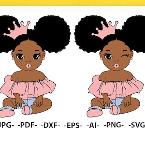 Baby Princess Svg, Afro Girl Svg, Ragazza con corona, Sbuffi per capelli, Donna nera, Ragazzino carino, Afroamericano