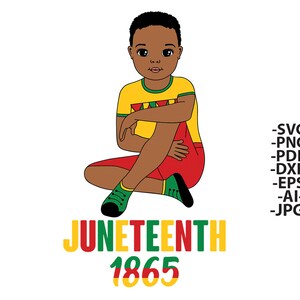 May include: A cartoon illustration of a young Black boy sitting with his legs crossed, wearing a yellow, green, and red shirt and red shorts. The text "Juneteenth 1865" is written in green, yellow, and red letters below the boy.