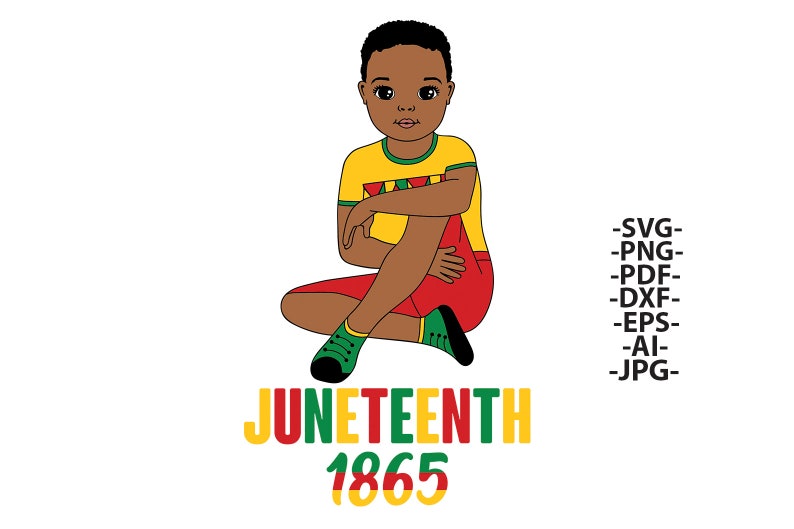 May include: A cartoon illustration of a young Black boy sitting with his legs crossed, wearing a yellow, green, and red shirt and red shorts. The text "Juneteenth 1865" is written in green, yellow, and red letters below the boy.