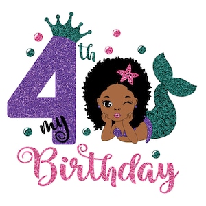 Il mio 4 ° compleanno, Afro Sirena Svg, Compleanno Sirena Svg, Sirena Principessa Svg, Compleanno Ragazza Svg, Donna Nera Clipart, Glamour Femmina