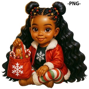 May include: A digital illustration of a young girl with dark skin and long, flowing black hair. She wears a red jacket with white trim, a black shirt with a snowflake, and striped pants. She holds a red bag filled with candy canes and a gingerbread man.