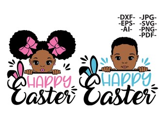 Easter Bundle Svg, Happy Easter Svg, Black Boy Svg, Boy And Girl Clipart, Peekaboo Girl Svg, Afro Boy Svg, African American, Easter Cut file