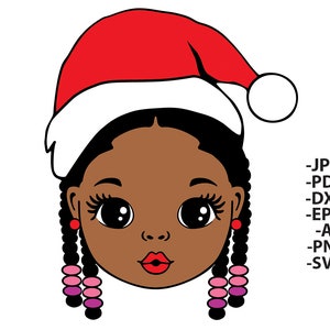 Puede incluir: Ilustración de dibujos animados de la cara de una niña con piel oscura, que lleva un gorro de Papá Noel rojo con un borde blanco. Tiene el pelo negro, ojos grandes y pendientes de cuentas rosas y moradas. La imagen incluye abreviaturas de tipo de archivo.