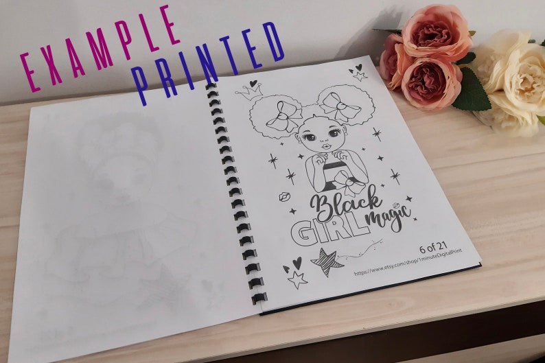 Op de afbeelding: Een zwart-witte kleurplaat met een meisje met een afro en de tekst "Black Girl Magic". De pagina is genummerd 6 van 21.