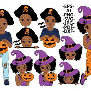 May include: A digital illustration set featuring children in Halloween costumes, including pirate hats with skull motifs and purple witch hats. The characters hold jack-o'-lanterns, accompanied by bats and spiders. Text includes EPS, AI, PNG, SVG, JPG, PDF, DXF.