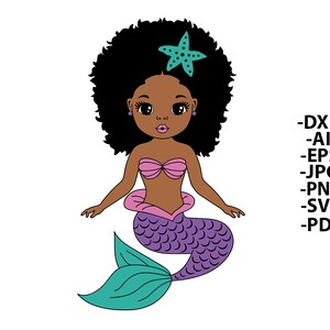 May include: A cartoon illustration of a mermaid with brown skin, black curly hair, a pink seashell bra, and a purple and green tail. She is wearing a turquoise starfish in her hair.