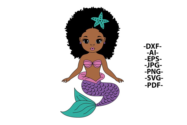 May include: A cartoon illustration of a mermaid with brown skin, black curly hair, a pink seashell bra, and a purple and green tail. She is wearing a turquoise starfish in her hair.