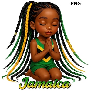 Puede incluir: Ilustración de una niña negra arrodillada con las manos juntas en oración. La niña lleva un atuendo verde y negro con los colores de la bandera jamaicana. El pelo está peinado con trenzas con mechones amarillos, verdes y negros. La palabra "Jamaica" está escrita en amarillo y verde.