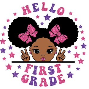 ciao prima elementare Svg, Ritorno a scuola svg, Afro Svg, Clipart di prima elementare, Istruzione Svg, Ribbon Svg, Melanin SVG