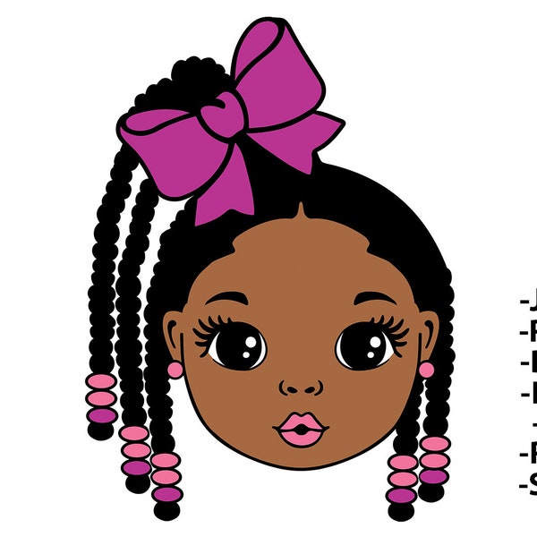 Girl with Ribbon, Cornrows Hairstyle, Conrow Wig, Sweet Girl, Afro Girl Svg, Black Girl Svg, Pink lips, Cute Little Kid, Svg Cut Files