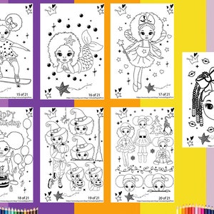 Op de afbeelding: Een set van 21 zwart-wit kleurplaten met illustraties van meisjes met afro-haar. De meisjes worden afgebeeld in verschillende omgevingen en activiteiten, waaronder skateboarden, zwemmen en een verjaardag vieren. De pagina's zijn genummerd van 15 tot en met 21.
