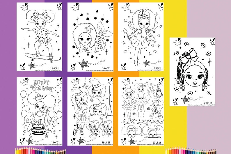 Op de afbeelding: Een set van 21 zwart-wit kleurplaten met illustraties van meisjes met afro-haar. De meisjes worden afgebeeld in verschillende omgevingen en activiteiten, waaronder skateboarden, zwemmen en een verjaardag vieren. De pagina's zijn genummerd van 15 tot en met 21.