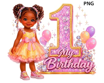 1st Birthday Girl Clipart, Melanin Toddler, Pink Purple Balloons (PNG)