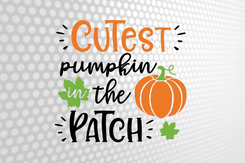 May include: A graphic design featuring the orange text "CUTEST" above the black text "pumpkin in the" and the large black text "PATCH". An orange pumpkin with a green stem and two green maple leaves are included in the composition.