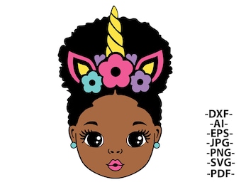 Black Girl Unicorn Head SVG, Baby Birthday Cut File (Digital Download