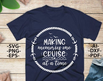 May include: A navy blue t-shirt with a white rope circle design. The design includes the text "Making memories one cruise at a time" with anchors and seagulls.