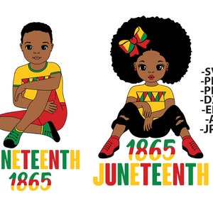 May include: Two children, a boy and a girl, are sitting with their legs crossed. They are both wearing yellow shirts with red, green, and yellow designs. The boy is wearing red shorts and the girl is wearing black jeans. The girl has a large afro and a red, green, and yellow bow in her hair. The text "Juneteenth 1865" is written below each child.