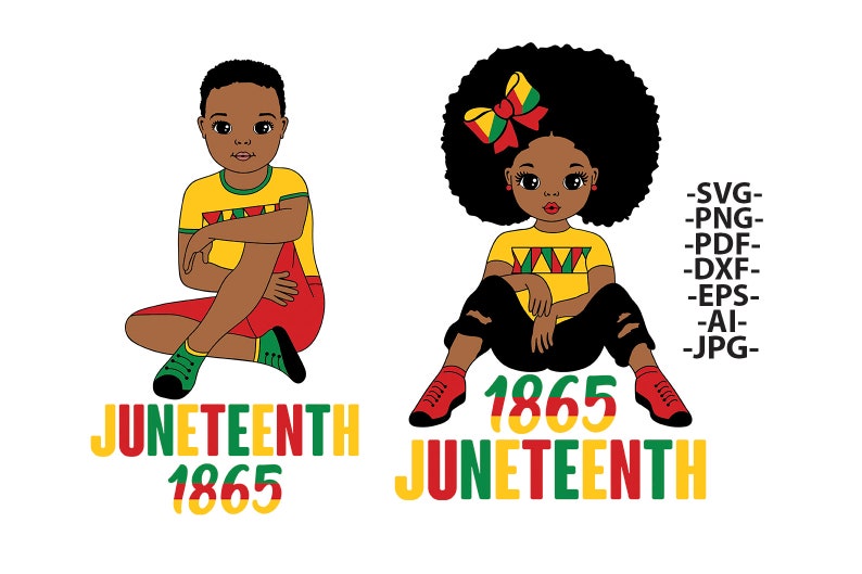 May include: Two children, a boy and a girl, are sitting with their legs crossed. They are both wearing yellow shirts with red, green, and yellow designs. The boy is wearing red shorts and the girl is wearing black jeans. The girl has a large afro and a red, green, and yellow bow in her hair. The text "Juneteenth 1865" is written below each child.