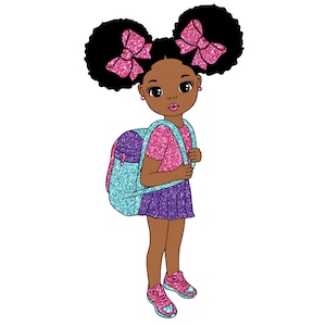 Ritorno a scuola in formato SVG, Ragazza con uno zaino, Educazione in formato Svg, Bambino afroamericano, Disegni per ragazze della scuola, Ragazza afro in formato Svg