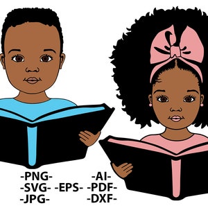 Paquete de lectura para niños negros, niño negro svg, escuela de aprendizaje, niña leyendo svg, niños lindos svg, peekaboo niña svg, afro niño svg, afro niño svg