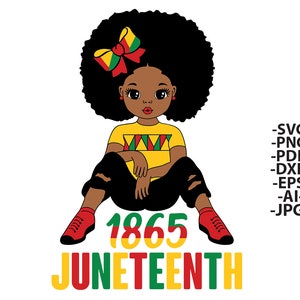 May include: A digital illustration of a Black girl with an afro wearing a yellow shirt with a red, green, and yellow pattern, black pants, and red shoes. The girl is sitting with her legs crossed and her arms crossed. The text "1865 Juneteenth" is written below the girl in red, green, and yellow letters.