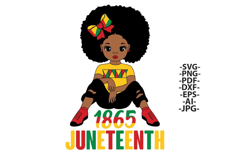 May include: A digital illustration of a Black girl with an afro wearing a yellow shirt with a red, green, and yellow pattern, black pants, and red shoes. The girl is sitting with her legs crossed and her arms crossed. The text "1865 Juneteenth" is written below the girl in red, green, and yellow letters.