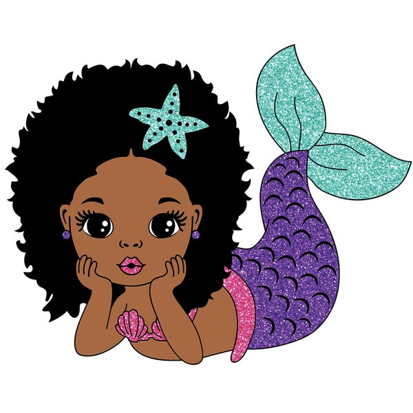 Mermaid Afro Svg, Black Mermaid Svg, Hair Puffs, Black Woman Clipart, Afro Woman Svg, Glamour Female, 3 PNG files Glitter
