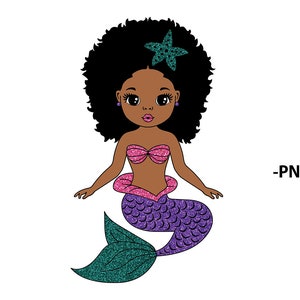 May include: A cartoon illustration of a mermaid with dark brown afro hair, a pink and purple tail, and a green starfish in her hair.