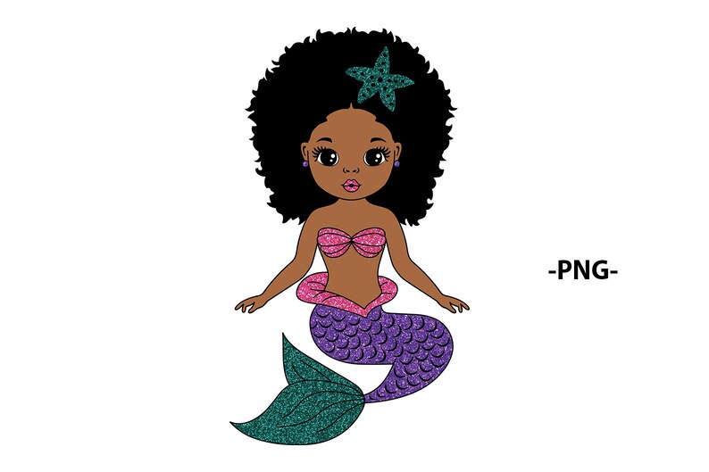 May include: A cartoon illustration of a mermaid with dark brown afro hair, a pink and purple tail, and a green starfish in her hair.