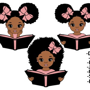 Ragazza che legge libro in formato Svg, pacchetto ragazza nera, scuola, ragazza che impara, capelli gonfi, principessa afro in formato Svg, ragazza afro in formato Svg, file tagliati in formato Svg