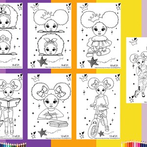 Op de afbeelding: Een set van 7 zwart-wit kleurplaten met illustraties van meisjes met afro-haar. Elke pagina heeft een andere activiteit, zoals lezen, basketballen, fietsen en studeren. De pagina's zijn genummerd van 8 tot 14 van 21.