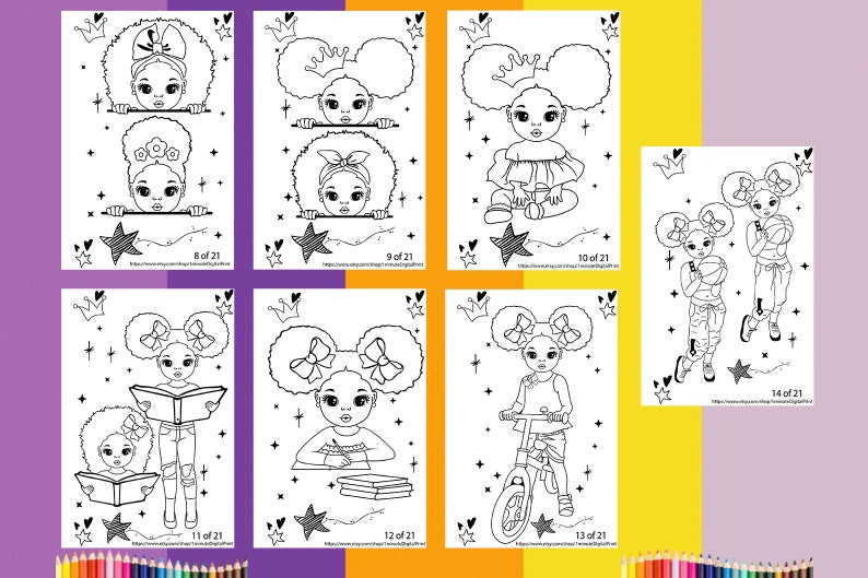 Op de afbeelding: Een set van 7 zwart-wit kleurplaten met illustraties van meisjes met afro-haar. Elke pagina heeft een andere activiteit, zoals lezen, basketballen, fietsen en studeren. De pagina's zijn genummerd van 8 tot 14 van 21.