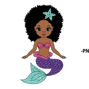 May include: A cartoon illustration of a mermaid with dark brown afro hair, a pink and purple glittery tail, and a blue starfish in her hair.